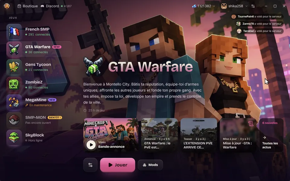 Le launcher Rinaorc avec la liste des jeux, les joueurs connectés et le bouton Jouer